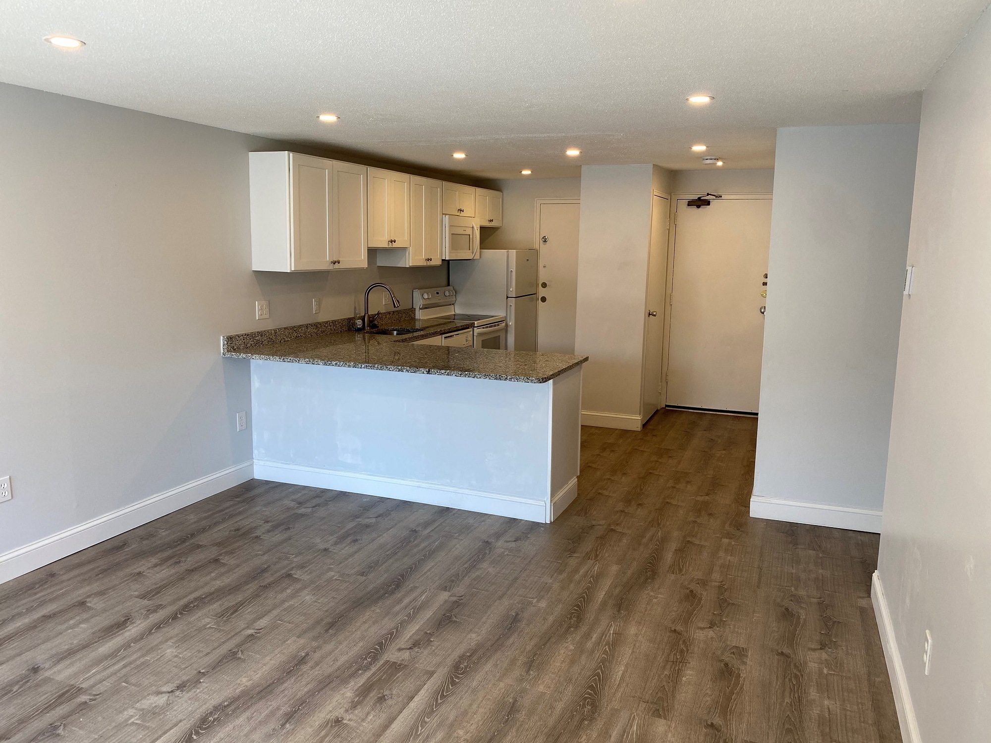A kitchen with a countertop and cabinets.