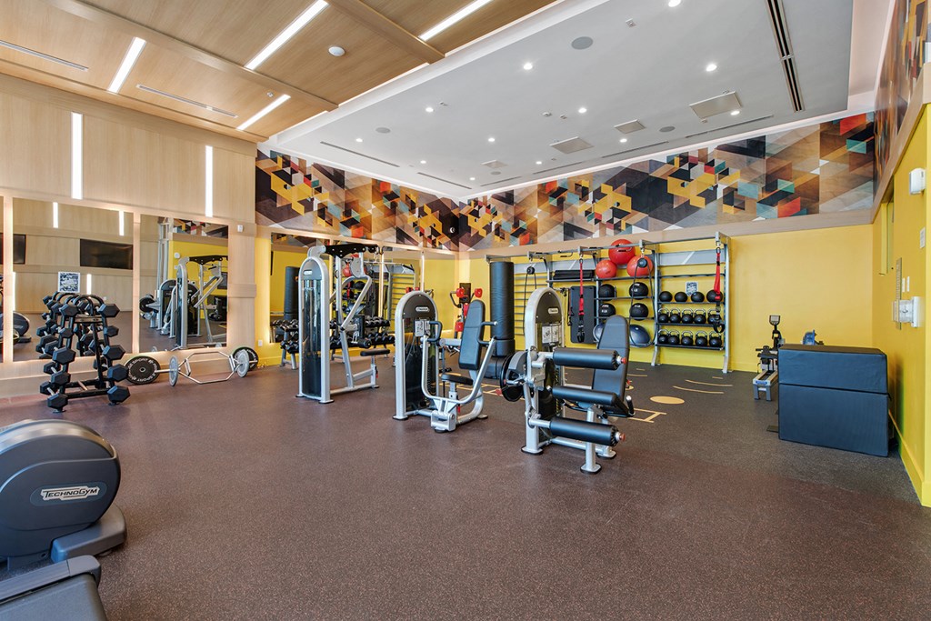 a gym with cardio equipment and weights on the floor and a wall with geometric wallpaper