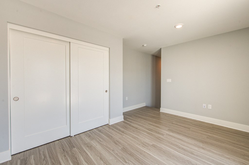 a bedroom with two closets and a wood floor