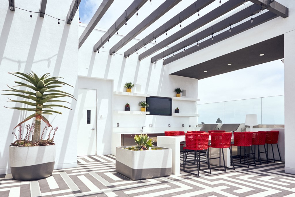 a dining room with red chairs and a table with a plant