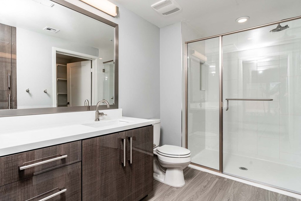 a bathroom with a toilet and a shower