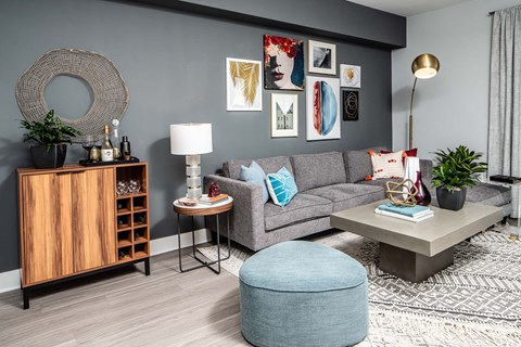 a living room with a gray couch and a coffee table