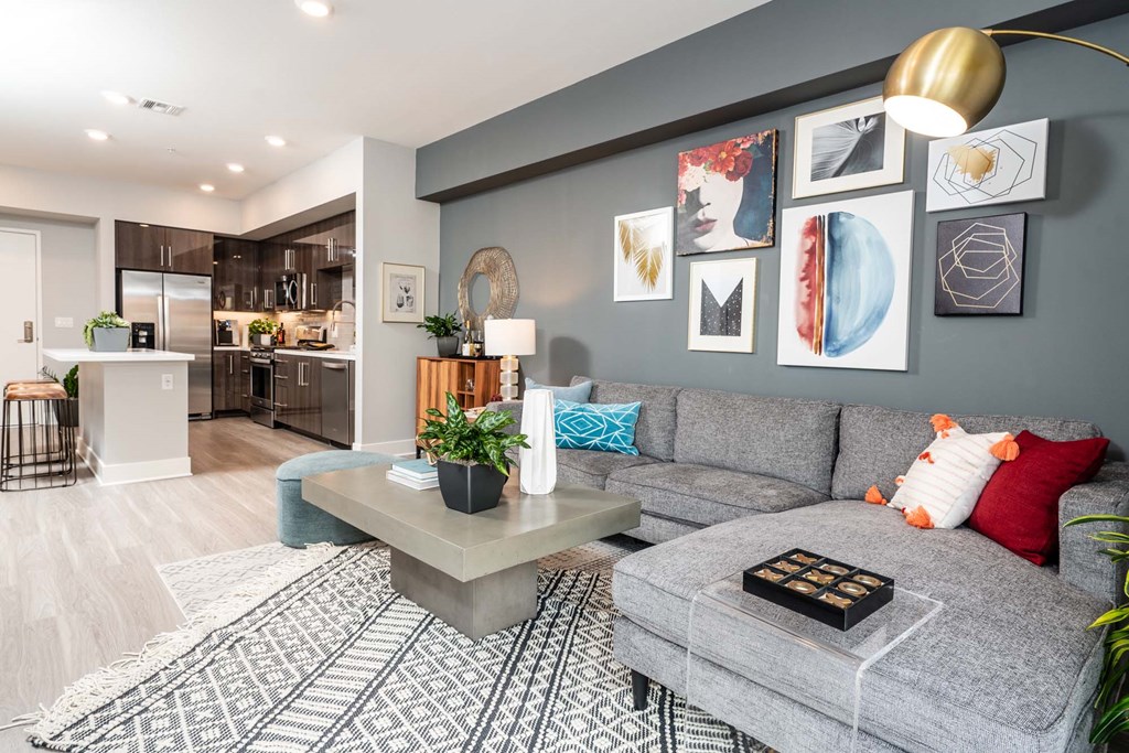 a living room with a couch and a coffee table