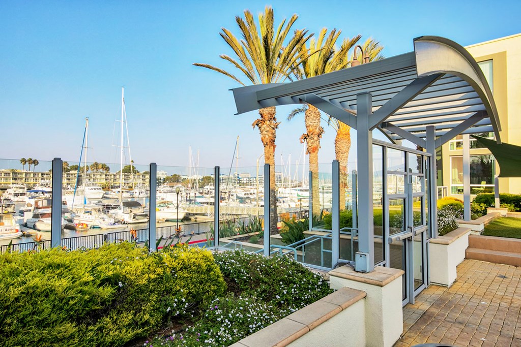 a view of a marina with a deck with a gazebo