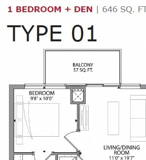 One bedroom plus den, one bathroom apartment layout at Cityview Apartments in Brampton, ON