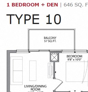 One bedroom plus den, one bathroom apartment layout at Cityview Apartments in Brampton, ON