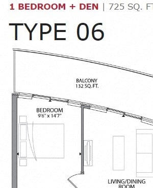 One bedroom plus den, one bathroom apartment layout at Cityview Apartments in Brampton, ON