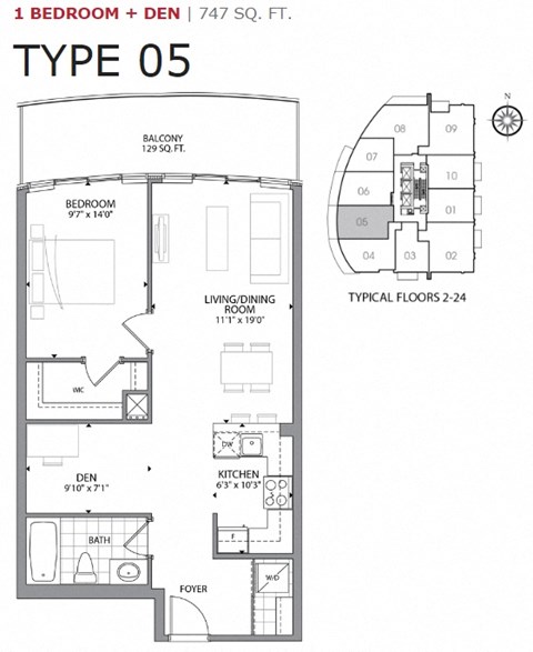One bedroom plus den, one bathroom apartment layout at Cityview Apartments in Brampton, ON