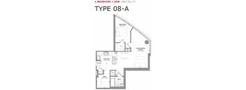 One bedroom plus den, one bathroom apartment layout at Cityview Apartments in Brampton, ON