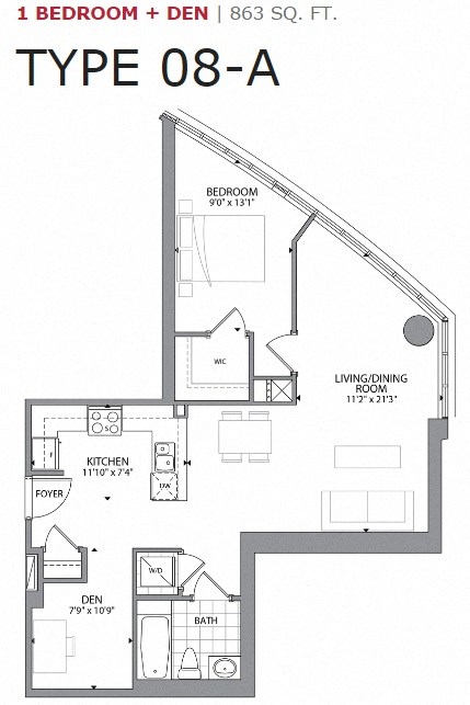 One bedroom plus den, one bathroom apartment layout at Cityview Apartments in Brampton, ON