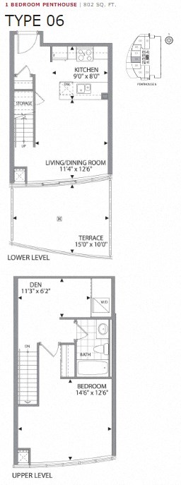 One bedroom plus den, one bathroom apartment layout at Cityview Apartments in Brampton, ON