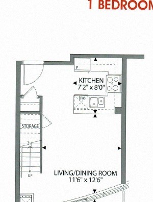 One bedroom plus den, one bathroom apartment layout at Cityview Apartments in Brampton, ON