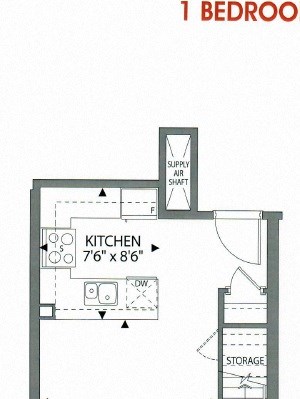 One bedroom, one bathroom apartment layout at Cityview Apartments in Brampton, ON