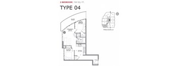 Two bedroom, one bathroom apartment layout at Cityview Apartments in Brampton, ON