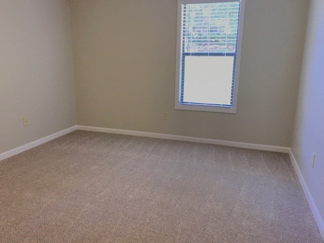 an empty room with a window and carpet
