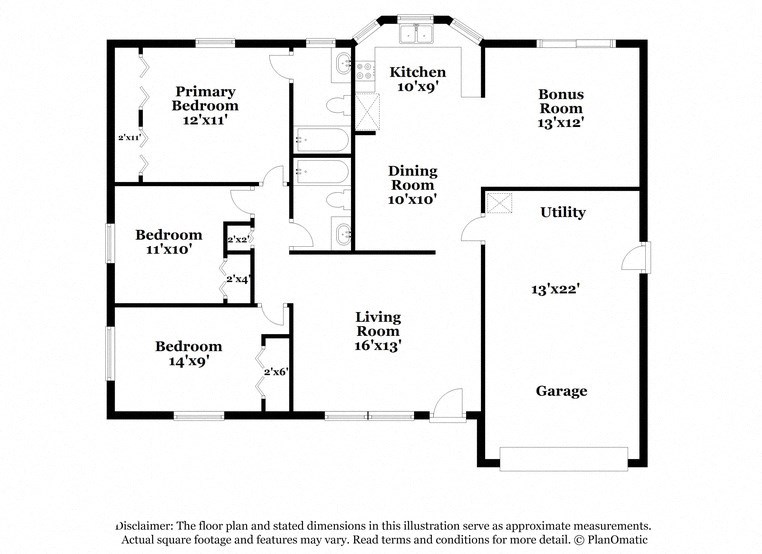 a floor plan of a house with bedrooms and baths and a garage