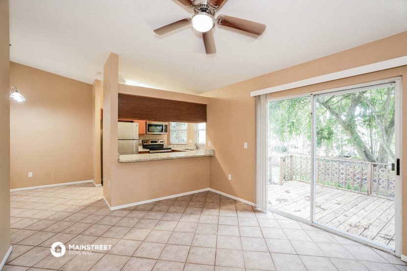 an empty living room with a sliding glass door to the patio