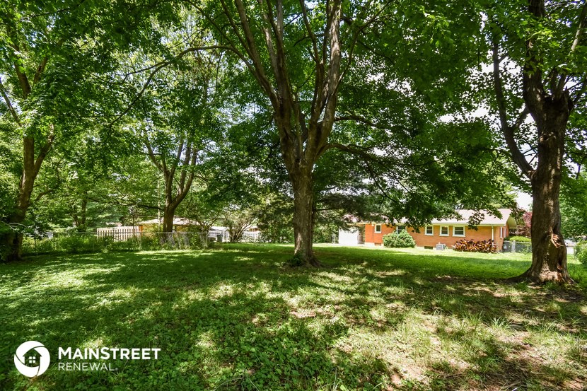 a large yard with trees and a house in the background