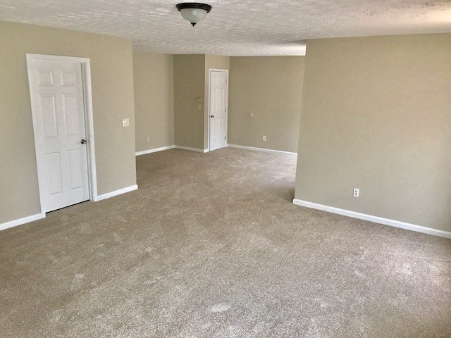 an empty living room with carpet and a white door