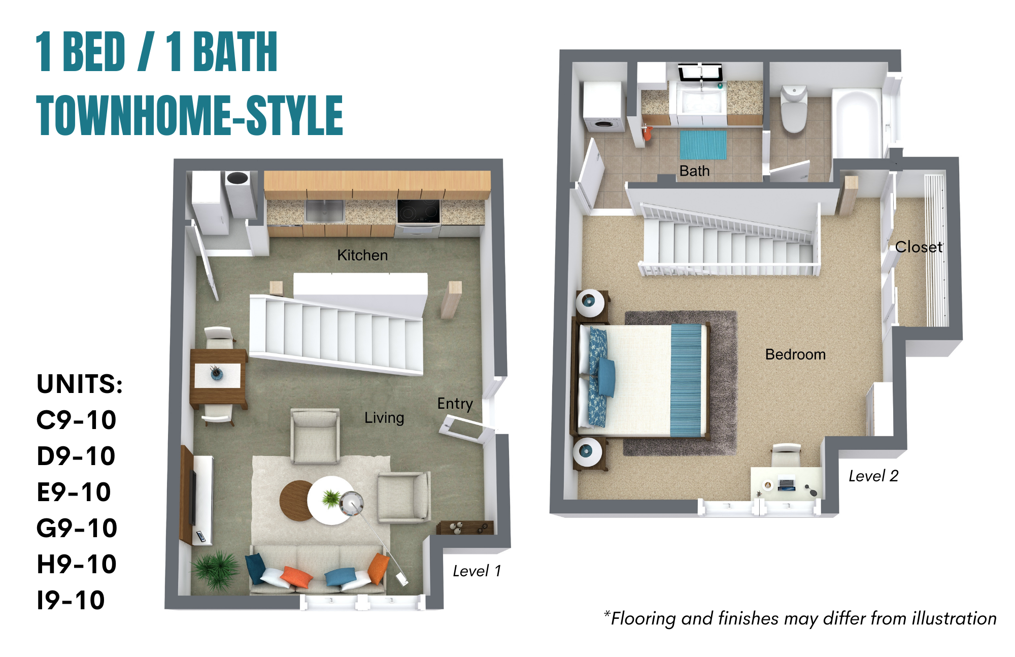 1 Bedroom / 1 Bath: Townhome Style