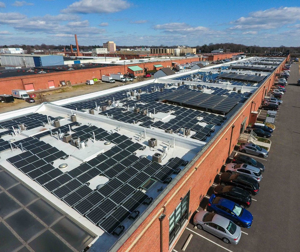 the roof of a building with solar panels on it