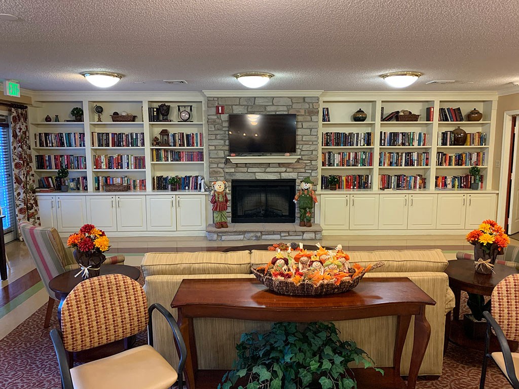 a living room with a fireplace and book shelves