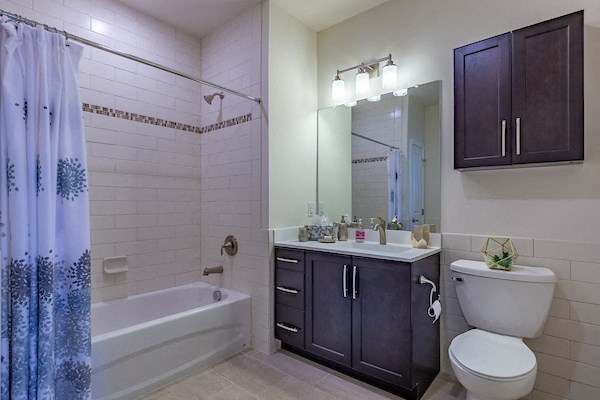 a bathroom with a tub sink toilet and a mirror