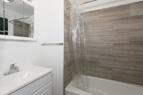 A bathroom with a white sink and a shower with a glass door.