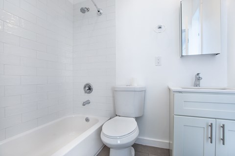 A white toilet sits next to a bathtub in a bathroom.