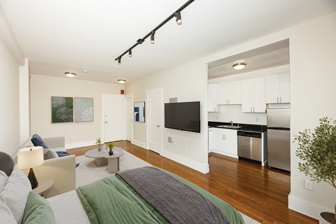 A modern living room with a grey couch and a green throw pillow.