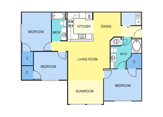 Three Bedroom Apartment Homes Floor Plan 3