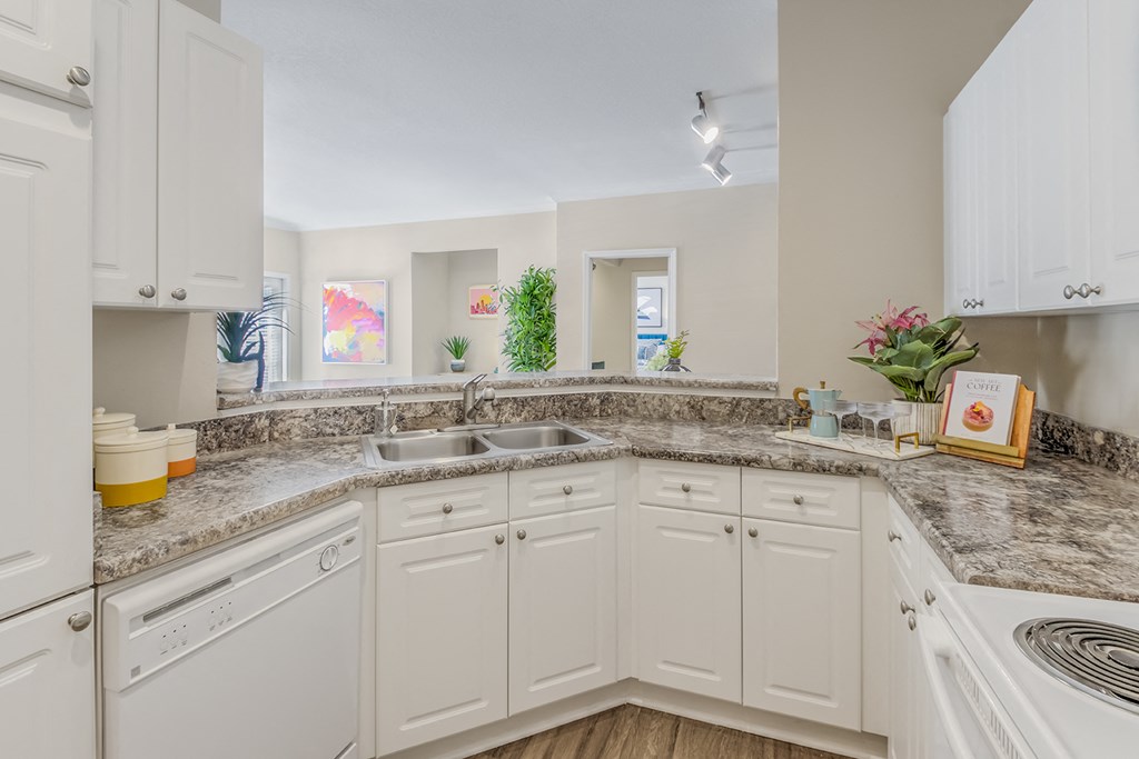 a kitchen with white cabinets and granite counter tops and a sink
