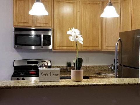 a kitchen counter top with a white flower on it
