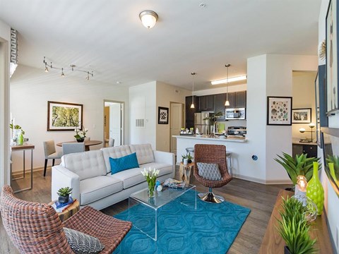 a living room with a couch and a table