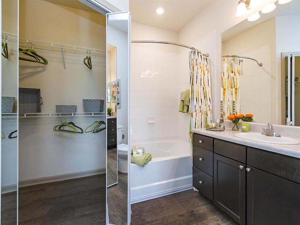 a bathroom with a shower and a sink and a mirror