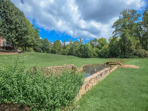 a bridge over a pond in the middle of a field