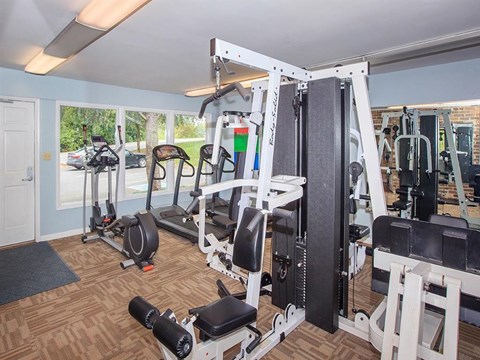 the home gym has a lot of equipment in it