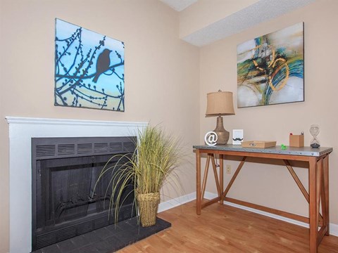 a living room with a fireplace and a desk with a plant