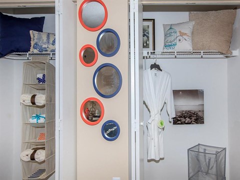 a closet with red and blue circles on the wall