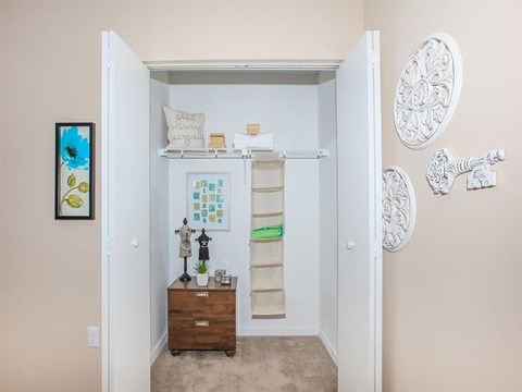 a bathroom with a closet and a dresser in it