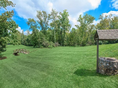 a large grassy field with a wooden structure in the middle
