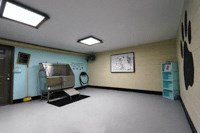 a room with a piano and a blue wall