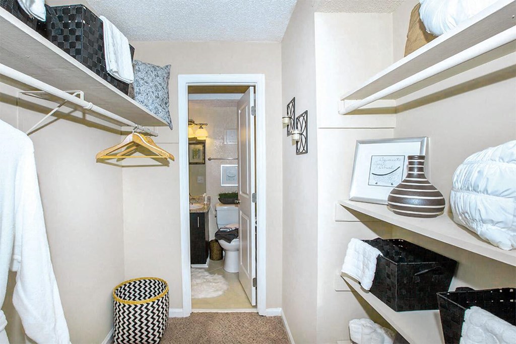 a bedroom with a closet and a bathroom with a toilet