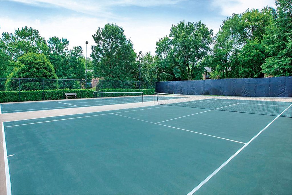 a tennis court with trees in the background