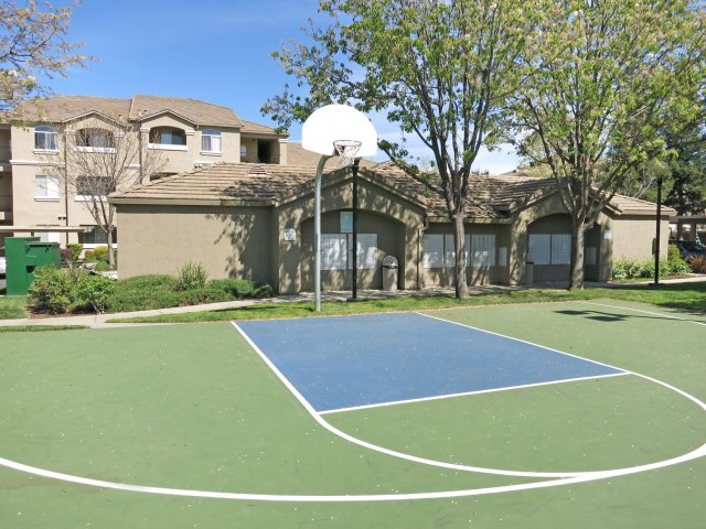 Apartments for Rent in Roseville- Pinnacle at Galleria-  Green Basketball Court with Landscaping and Building Exterior View