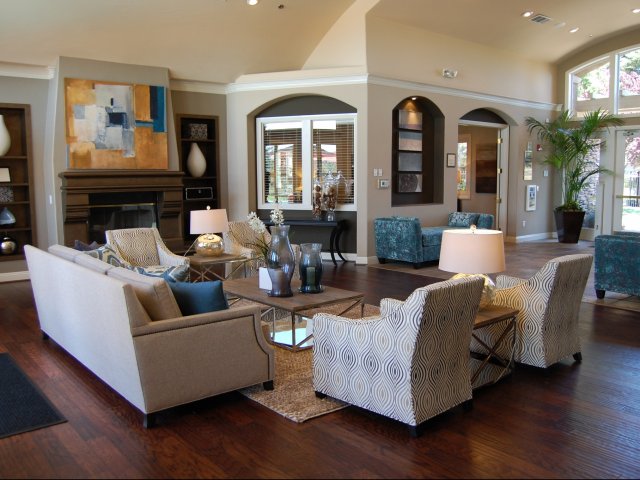 a living room with couches and chairs and a fireplace