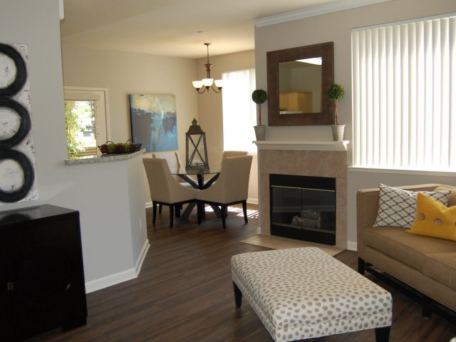 Apartments in Roseville for Rent- Pinnacle at Galleria- Wood-Style Floors with Fireplace and Large Windows