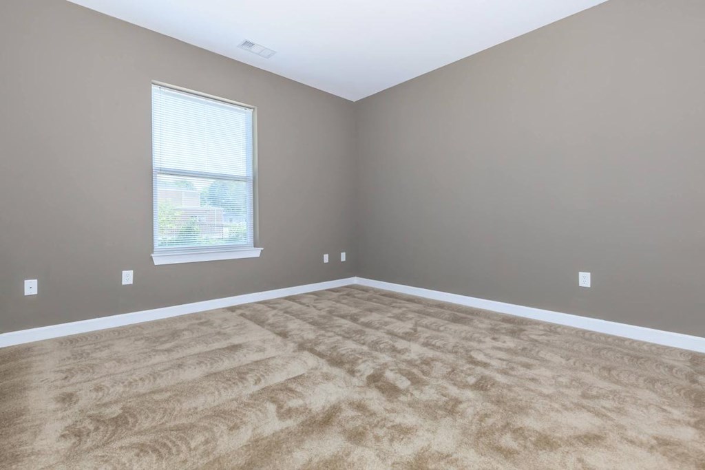 an empty room with brown carpet and a window
