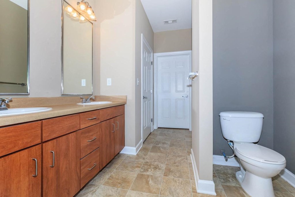 a bathroom with a toilet and two sinks