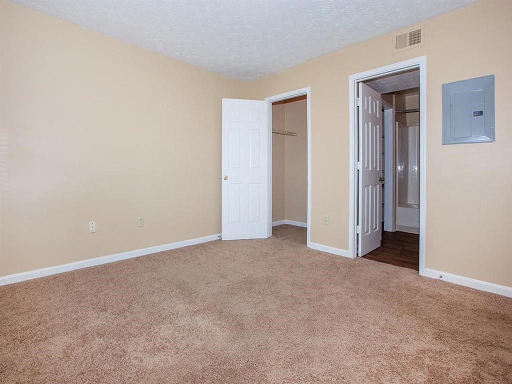 a room with carpet and a door to a closet
